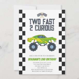 Green Monster Truck 2nd Birthday Party Invitation