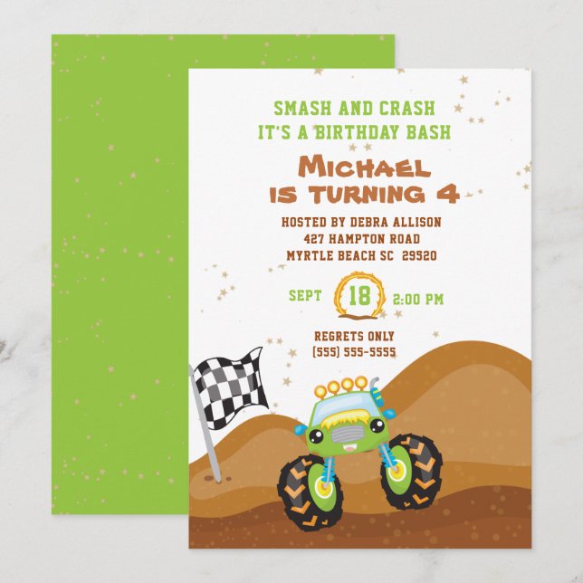 Green Monster Truck 4th Birthday Racing   Invitation (Front/Back)