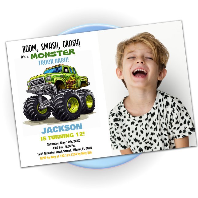 Green Monster Truck Birthday Invitations Photo (Green Monster Truck Birthday Invitations Photo)