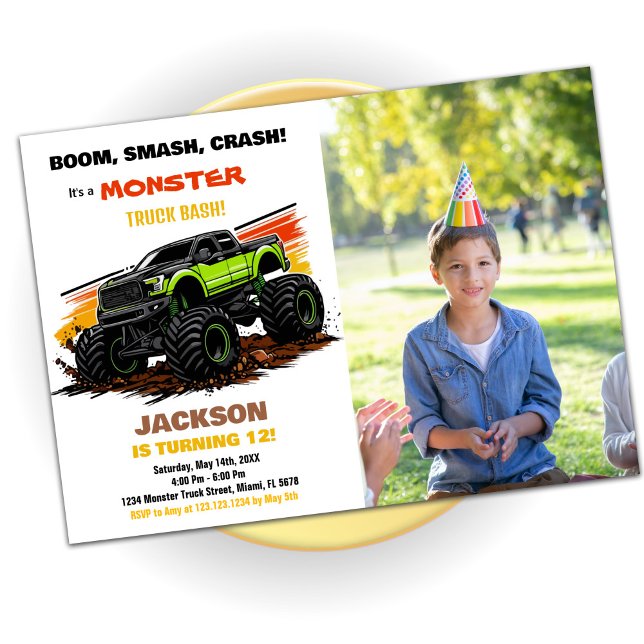 Green Monster Truck Birthday Invitations Photo (Green Monster Truck Birthday Invitations Photo)