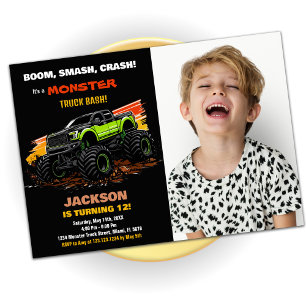 Green Monster Truck Birthday Invitations Photo