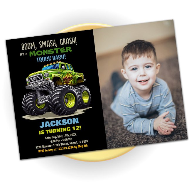 Green Monster Truck Birthday Invitations Photo (Green Monster Truck Birthday Invitations Photo)
