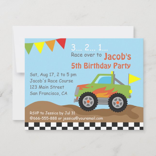 Green Monster Truck Birthday Party Invitation (Front)