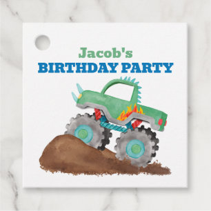 Green Monster Truck Birthday Party Watercolor Favour Tags