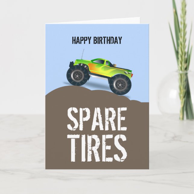 Green Monster Truck Birthday Spare Tires Birthday Card (Front)