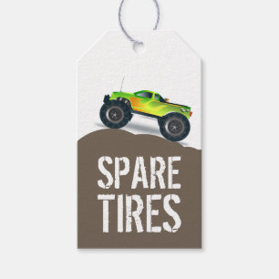 Green Monster Truck Birthday Spare Tires Gift Tags
