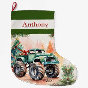 Green Monster Truck Boys Large Christmas Stocking