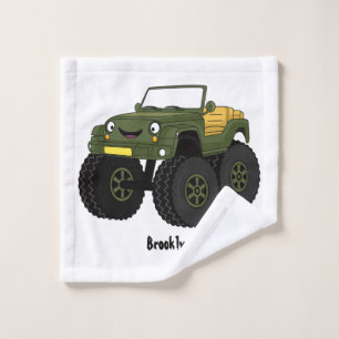 Green monster truck cartoon illustration bath towel set