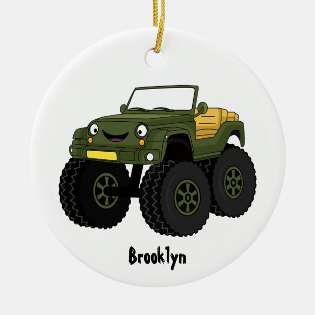 Green monster truck cartoon illustration ceramic tree decoration (Front)