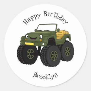 Green monster truck cartoon illustration classic round sticker