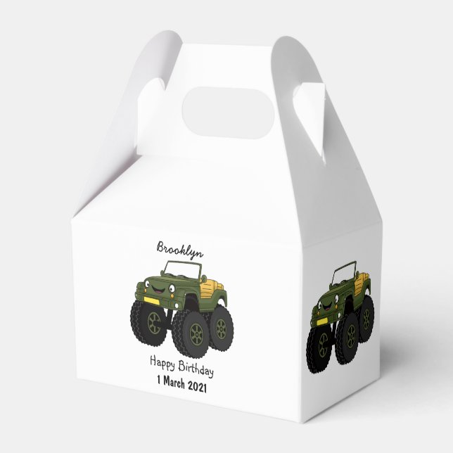 Green monster truck cartoon illustration favour box (Front Side)