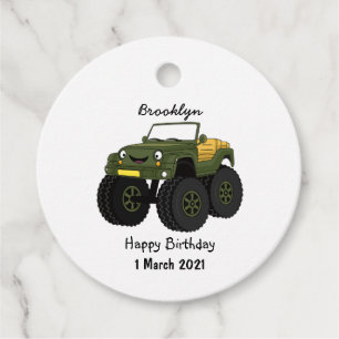 Green monster truck cartoon illustration favour tags