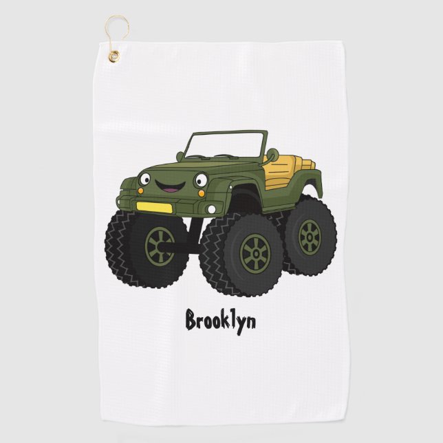 Green monster truck cartoon illustration  golf towel (Front)