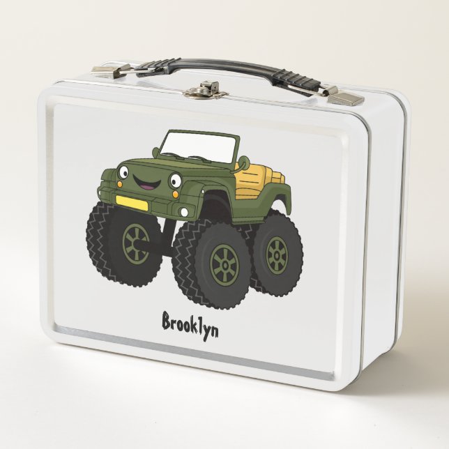 Green monster truck cartoon illustration metal lunch box (Front)