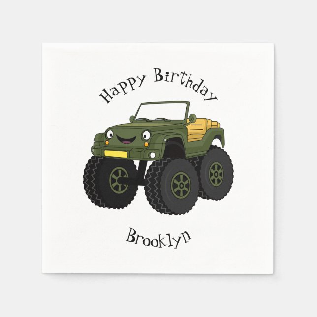 Green monster truck cartoon illustration napkin (Front)
