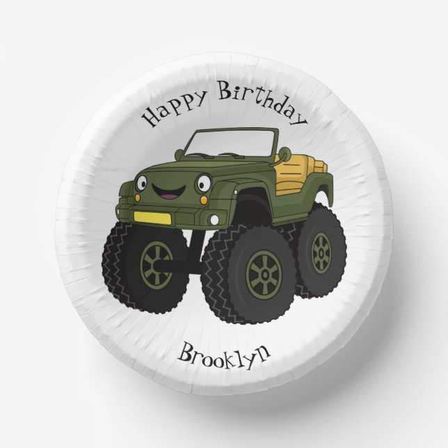 Green monster truck cartoon illustration paper plate (Front)