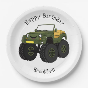 Green monster truck cartoon illustration paper plate