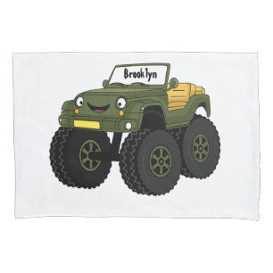 Green monster truck cartoon illustration pillowcase