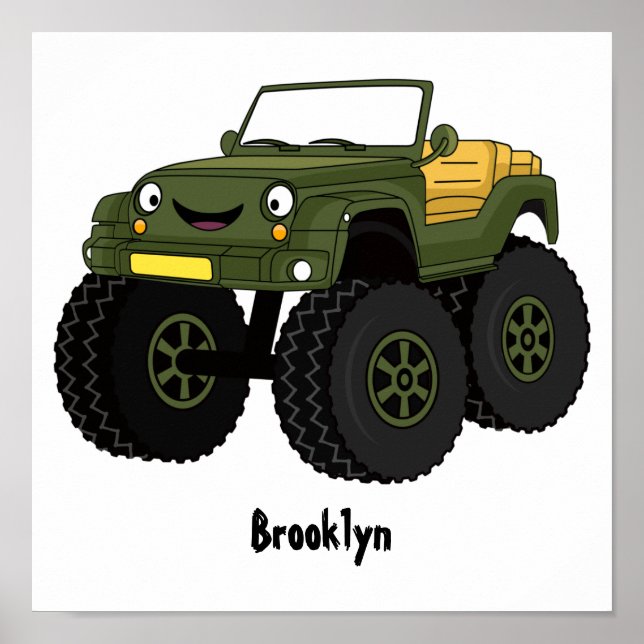 Green monster truck cartoon illustration poster (Front)