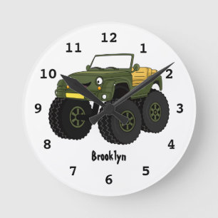 Green monster truck cartoon illustration round clock