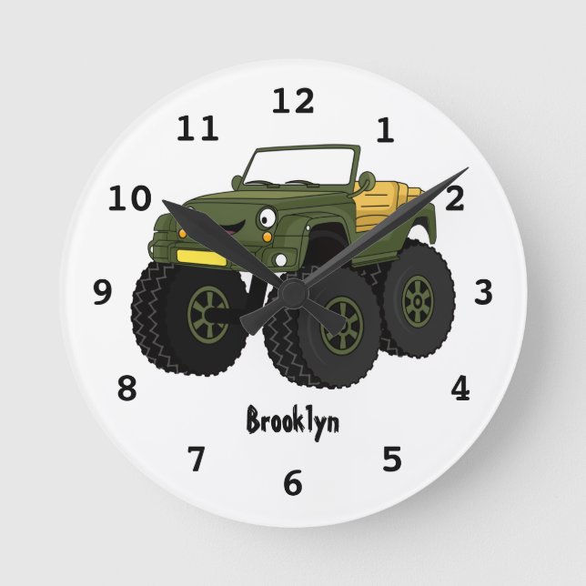 Green monster truck cartoon illustration round clock (Front)