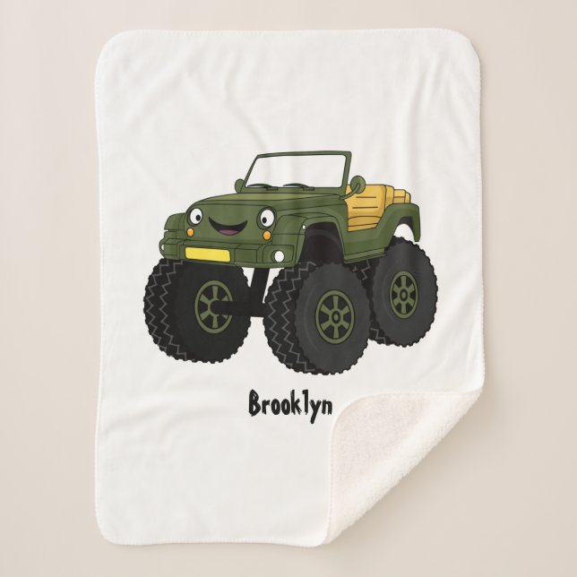 Green monster truck cartoon illustration sherpa blanket (Front)