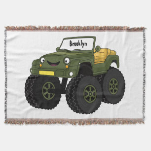 Green monster truck cartoon illustration throw blanket