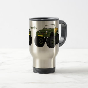 Green monster truck cartoon illustration travel mug