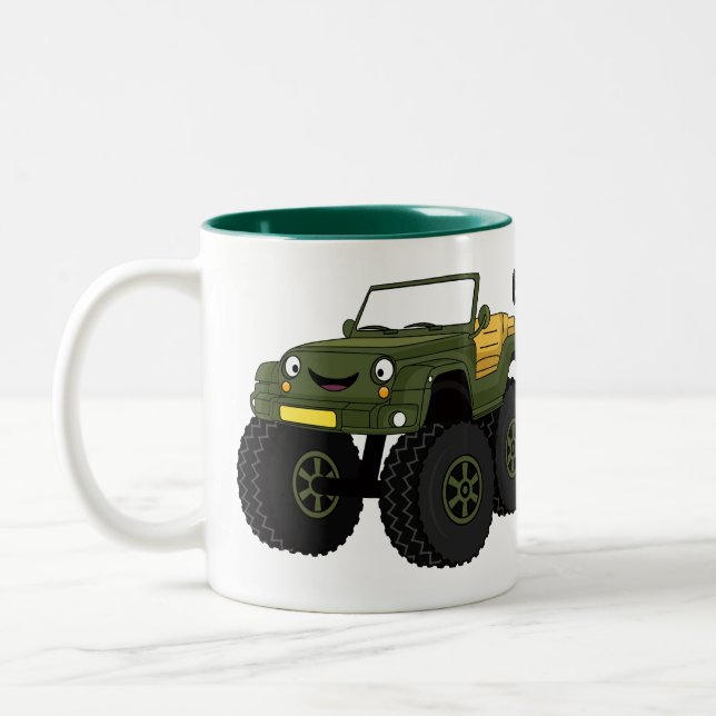 Green monster truck cartoon illustration Two-Tone coffee mug (Left)