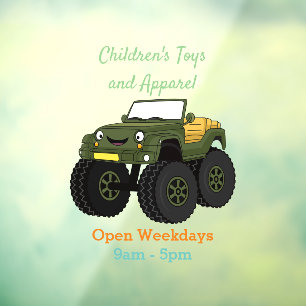 Green monster truck cartoon illustration window cling