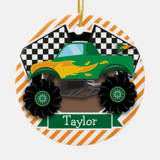 Green Monster Truck, Chequered Flag; Orange Stripe Ceramic Tree Decoration (Front)