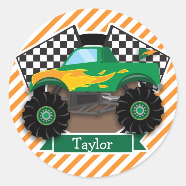 Green Monster Truck, Chequered Flag; Orange Stripe Classic Round Sticker (Front)