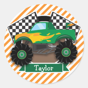 Green Monster Truck, Chequered Flag; Orange Stripe Classic Round Sticker
