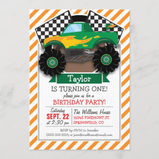 Green Monster Truck, Chequered Flag; Orange Stripe Invitation