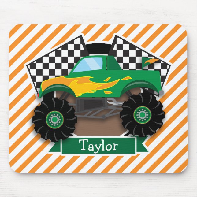 Green Monster Truck, Chequered Flag; Orange Stripe Mouse Mat (Front)