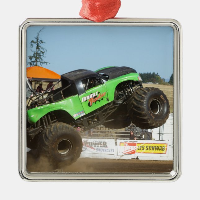 Green Monster Truck In Action Metal Tree Decoration (Front)