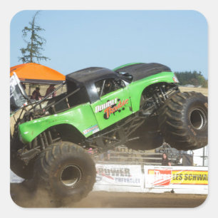 Green Monster Truck In Action Square Sticker
