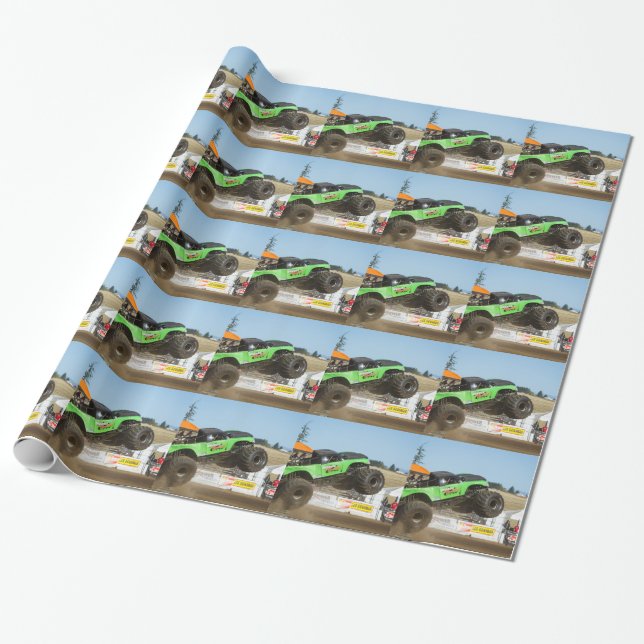 Green Monster Truck In Action Wrapping Paper (Unrolled)