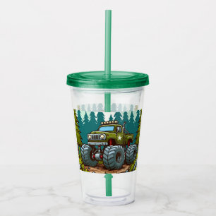 Green Monster Truck in the forest Acrylic Tumbler