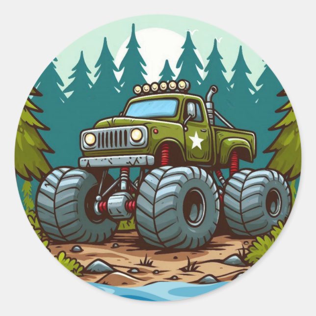 Green Monster Truck in the forest Classic Round Sticker (Front)