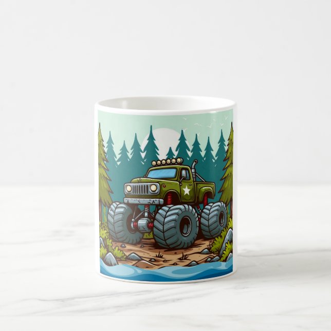 Green Monster Truck in the forest Coffee Mug (Center)
