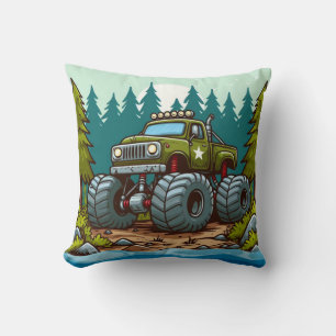 Green Monster Truck in the forest Cushion