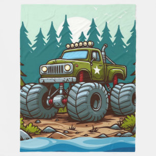 Green Monster Truck in the forest Fleece Blanket