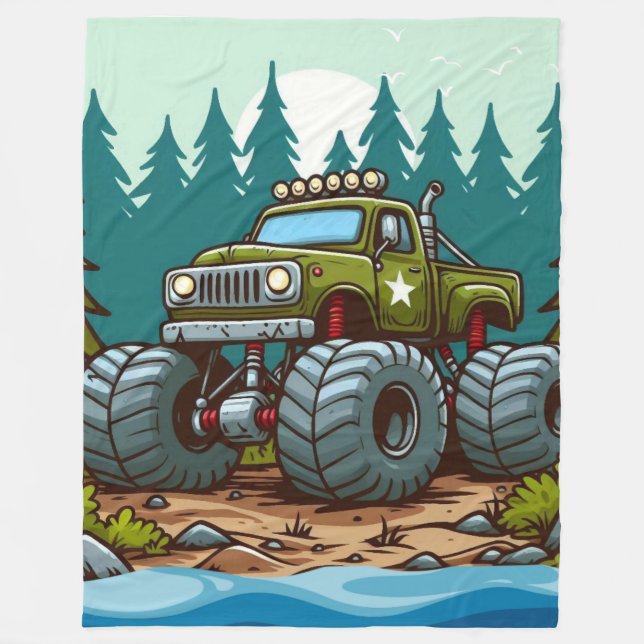 Green Monster Truck in the forest Fleece Blanket (Front)