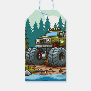 Green Monster Truck in the forest Gift Tags