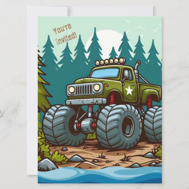 Green Monster Truck in the forest Holiday Card (Front)