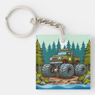 Green Monster Truck in the forest Key Ring
