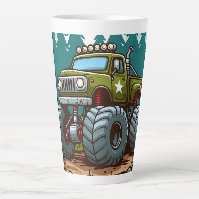 Green Monster Truck in the forest Latte Mug (Front)