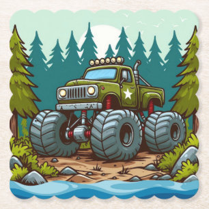 Green Monster Truck in the forest Paper Coaster