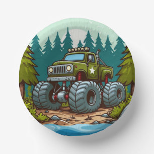 Green Monster Truck in the forest Paper Plate